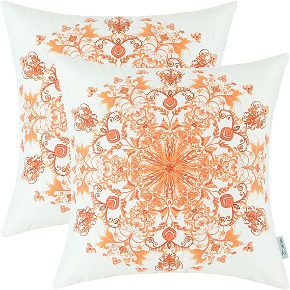 CaliTime Pack of 2 Cozy Fleece Throw Pillow Cases Covers for Couch Bed Sofa Vintage Mandala Snowflake Floral 18 X 18 Inches Orange Red