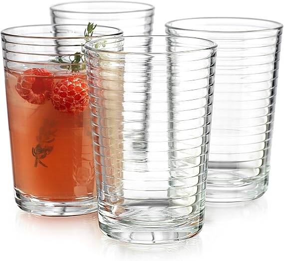 Juice Glasses 7 oz. Set Of 4 Glass Cups By Home Essentials and Beyond Beverage Water Tumblers for Juice, Whiskey, Cocktails, Iced Tea. Dishwasher safe.