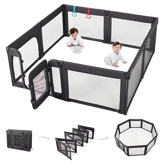 Doradotey Baby Playpen with Walk-in Door, Foldable Adjustable 8-Panel Play Yard for Babies & Toddlers, Large Safety Playpen with 360 Breathable Mesh, Anti-Slip Suction Cups, Indoor