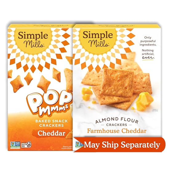 Simple Mills Almond Flour Crackers, Farmhouse Cheddar and Simple Mills Pop Mmms Cheddar Baked Snack Crackers - Gluten Free, Healthy Snacks (Pack of 2)