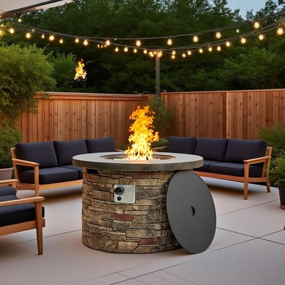 36-Inch Round Outdoor Fire Pit Table, Light Grey Concrete, Hidden Tank | Modern stone fire pit table with hidden tank storage; contemporary design for patios, decks, and outdoor seating areas