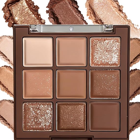 Brown Eyeshadow Palette for Women, Brown Nude Neutral Eyeshadow Palette, 9 Shades Matte Shimmer Glitter Highly Pigmented B/rown Powder with Bronzer & Contour