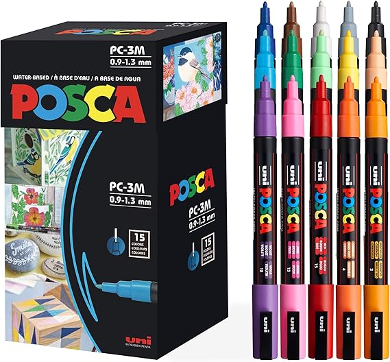 posca Paint Markers, 3M Fine Point Acrylic Paint Pens with Reversible Tips, Art Supplies For Gifts, Decorations Fabric, Metal, Glass, Wood and Canvas, Set of 15