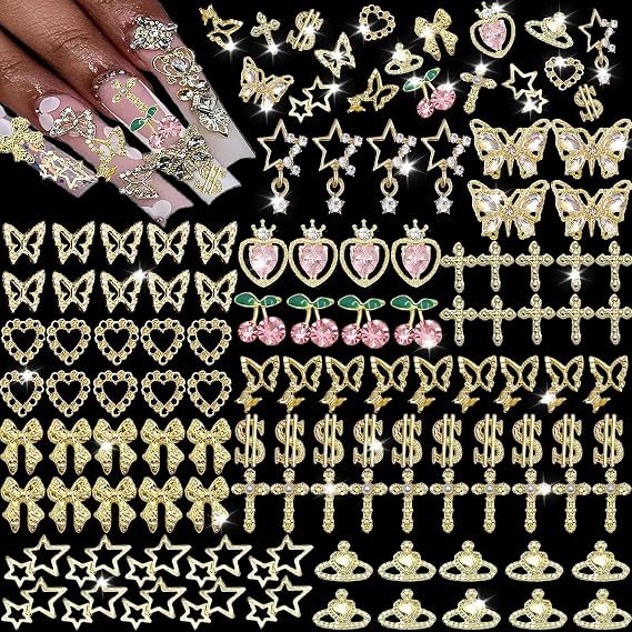 106 PCS Nail Charms Gold Nail Charms 3D Cherry Butterfly Cross Bow Star Heart Dollar 3D Nail Gems for Women Nail Art DIY Design