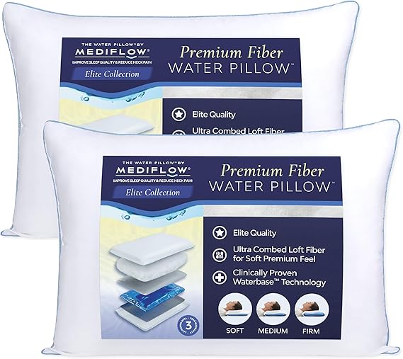 Mediflow Water Pillow - Elite Collection, Fiber Pillow. Orthopedic Pillow for Neck Pain Relief, Adjustable Water Pillow for Sleeping. (Two Pillows) Twin Pack