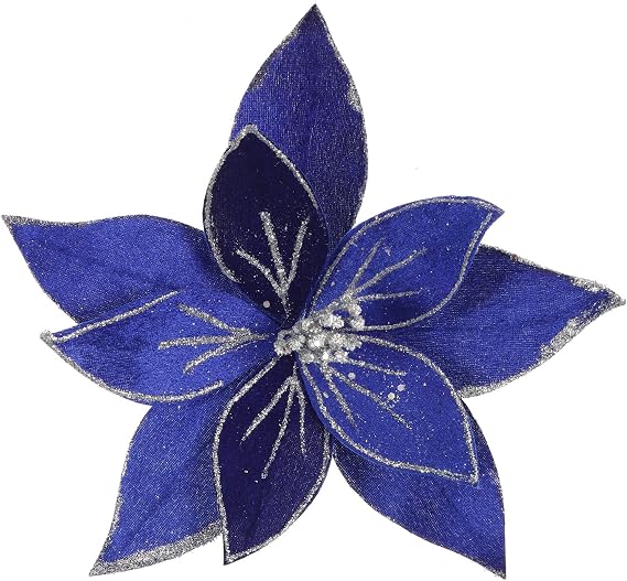 Large Glitter Christmas Flowers 6 Pieces Artificial Poinsettia Velvet Christmas Tree Flowers Ornaments Folded Flowers for Christmas New Year Wedding Decoration (Blue)