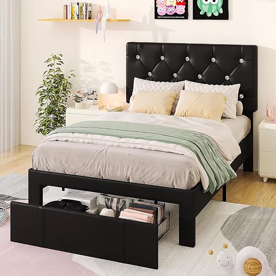 VECELO Single Bed Frame with Storage, Black PU Leather Upholstered Bed with Adjustable Diamond Tufted Headboard, Large Storage Drawers, Modern Platform Bed, Noise Free, No Box Spring Needed