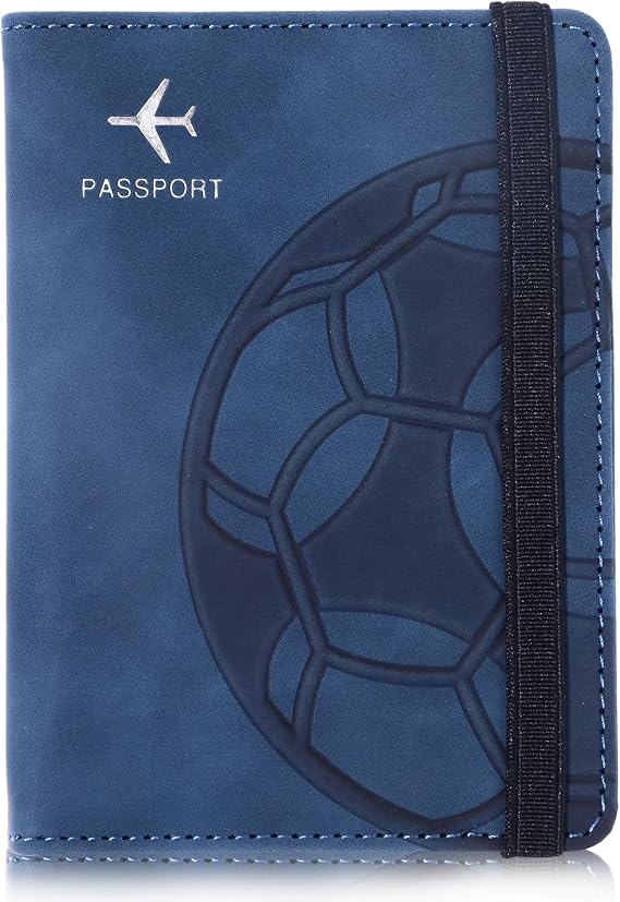 Passport Holder and Card Slot Combo RFID Blocking Leather Personalized Travel Passport Wallet for Men and Women US Passport Cover Protector (Soccer blue)