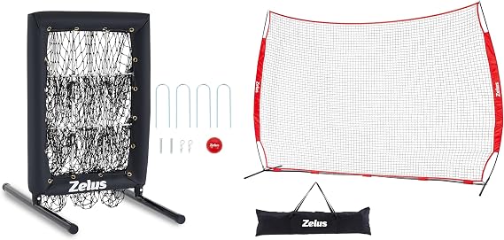 Complete Baseball & Lacrosse Training Combo: ZELUS 12x9ft Barricade Backstop + 9-Hole Pitching Net with Strike Zone & Detachable Stand