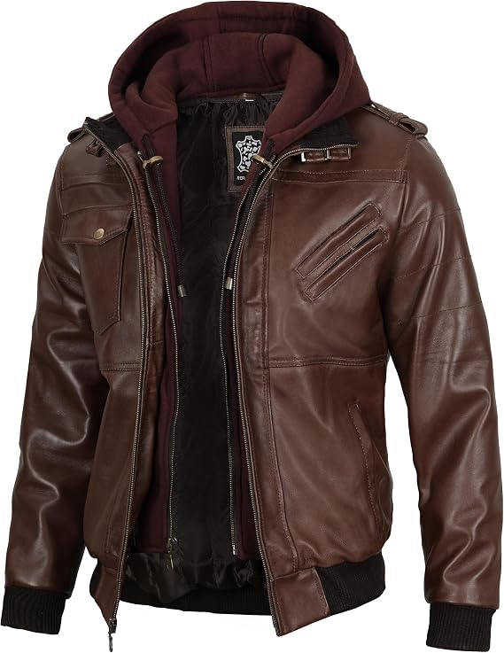 Decrum Detachable Hood Real Lambskin Leather Bomber Jacket Men