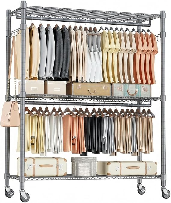 Homdox Rolling Clothes Rack Heavy Duty, 3-Tier Adjustable Wire Shelving Garment Organizer with Double Rods & Hooks, Portable Clothes Rack with Wheels, 17.72" D x 47.24" W x 80.71" H, Grey