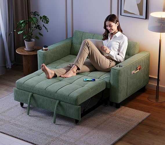 LINSY 54" Pull Out Couch with Charging Station - Sleeper Sofa Bed with Cup Holder, Small 3 in 1 Convertible Loveseat Sleeper Couch for Apartment, Dorm Room, Bedroom and Small Space(Olive Green)