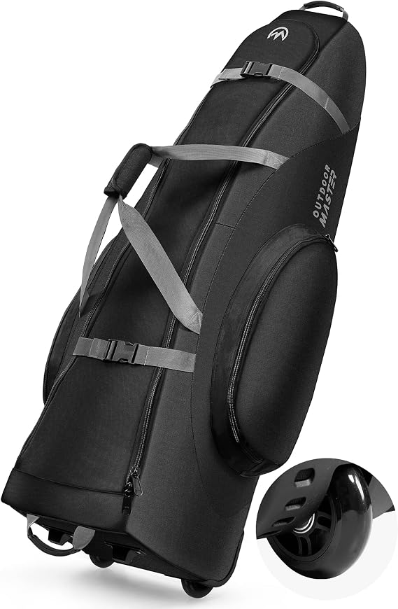 OutdoorMaster Padded Golf Travel Bag with Reinforced Wheels | 900D Oxford Fabric, Wear-Resistant, Waterproof, Accessories Compartment, Soft-Sided Golf Club Bag, Airline Travel