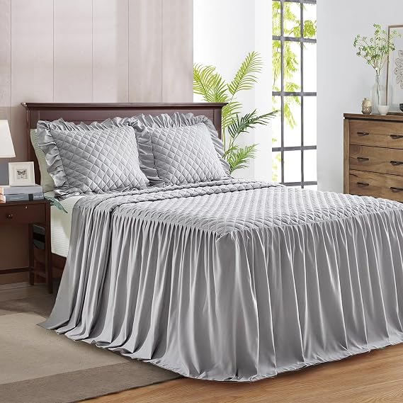 Ruffle Skirt Bedspread Set - 30" Long Drop - Vintage Chic Ruffled Summer Coverlet Bed Spreads Quilt Boho Bedding Farmhouse Style Lightweight Luxurious Rustic 3 Piece Set California King Size Gray