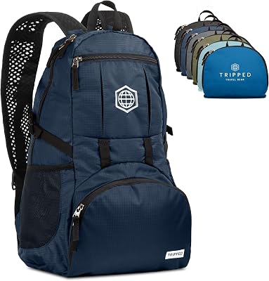 TRIPPED Travel Gear Traveling Backpack- Foldable collapsible lightweight backpack for travel Blue 35 liters