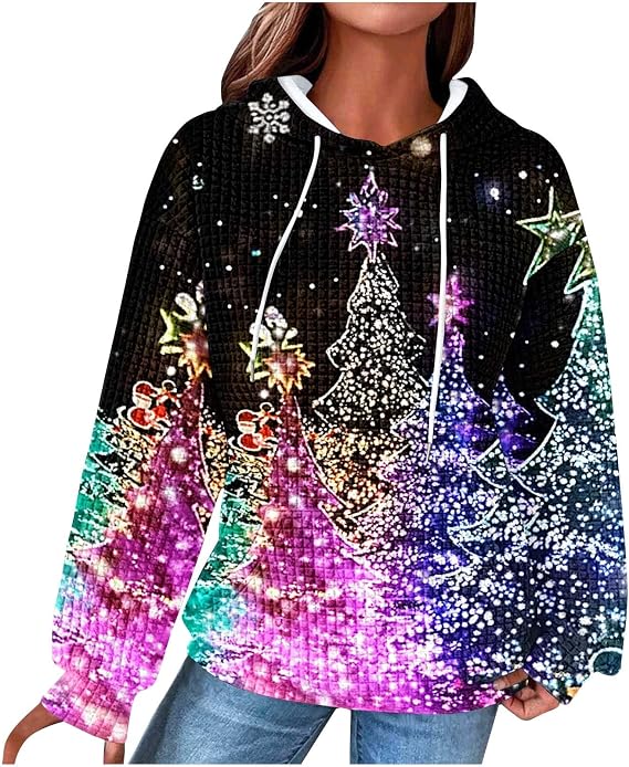 Christmas Hoodies for Women Glitter Xmas Tree Graphic Long Sleeve Sweatshirts Oversized Casual Funny Holiday Pullover