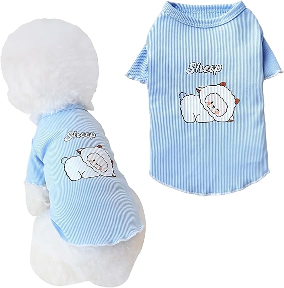 Summer pet T-Shirts for Dogs and Cats, 4 Cute Animal Patterns, Breathable Ribbed Knitted Fabric, Cool Summer Clothes for Small Dogs and Cats (Blue, Small)