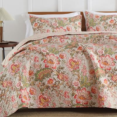 Quilt Set King Size Floral Patchwork Quilted, Soft Comforter Set Bedding Sets, Coverlet Bedspread Decorative Quilts with 2 Pillow Shams, 90x104, 3 Pieces