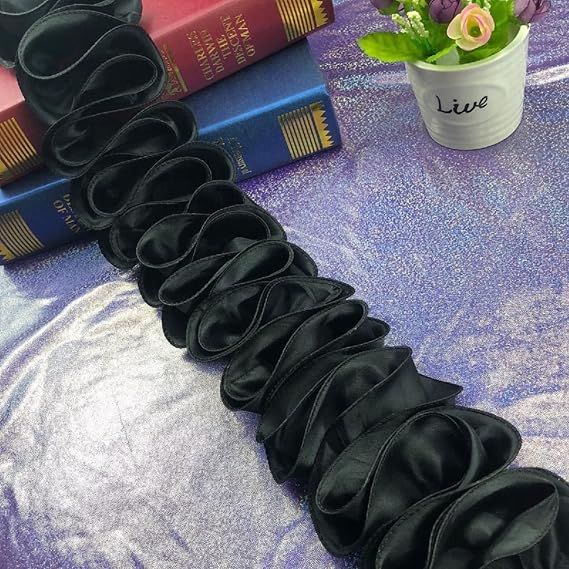 Yalulu 5 Yards 3D Pleated Chiffon Lace Trim Ribbon Fabric Applique Trimming Lace Ruffle Trim Craft Sewing Wedding Dress Decoration Accessories (Black)