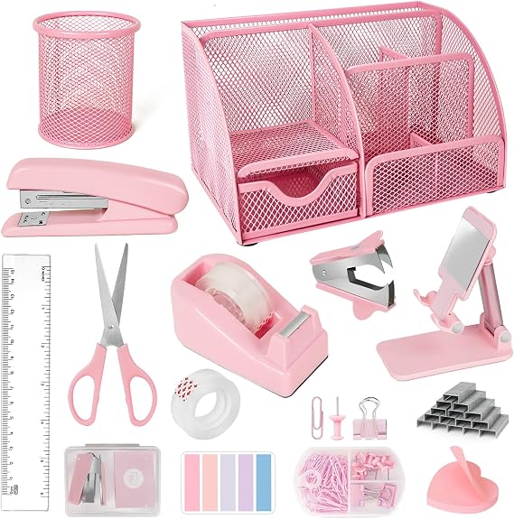 Desk Organizers and Accessories, Office Supplies 15PS Set with Stapler, Staple Remover, Pen Holder, Clips Set, Tape Dispenser, Tape, Phone Holder, 1000 Staples, Ruler, Scissors (Pink)