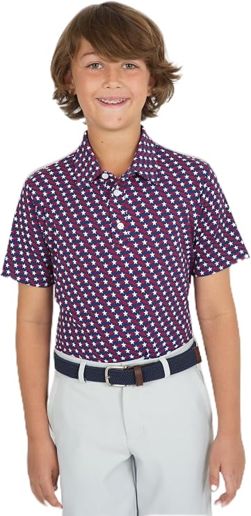 IBKUL Athleisure Wear Sun Protective UPF 50+ Icefil Cooling Youth Waving Stars & Stripes Print Short Sleeve Polo - 94145B