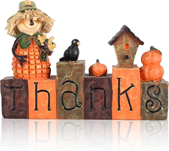 GoGnome Thanksgiving Thanks Table Decoration Hand-Painted Resin Fall Harvest Sign with Scarecrow, Pumpkins & Crow, Autumn Table Centerpiece for Home, Kitchen, or Office