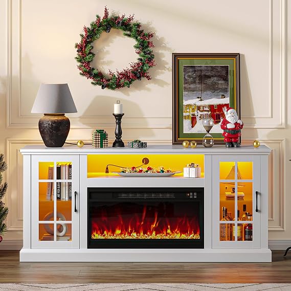 Rolanstar Fireplace TV Stand with Led and Power Outlets, White Entertainment Center with 26" Electric Fireplace for 45/50/55/60/65 inch TVs, Modern TV Console with Storage Cabinet for Living Room
