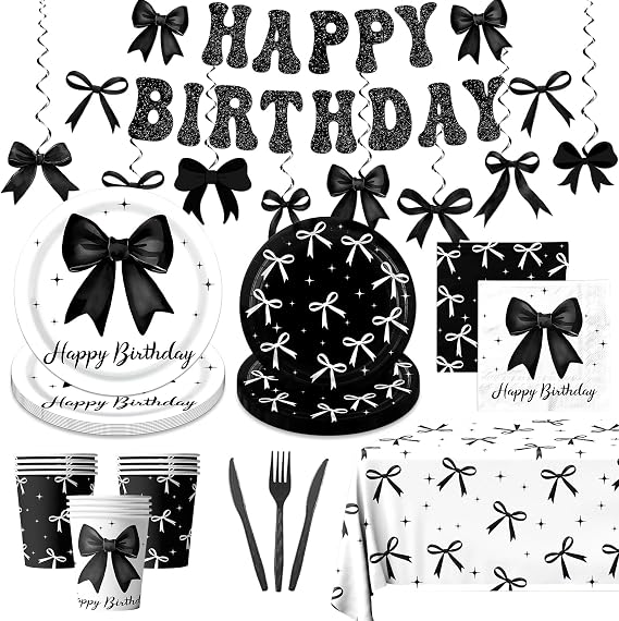 Black Bow Birthday Party Decoration Serve 24,Girl Coquette Birthday Tableware,Bow Happy Birthday Garland Banner,Disposable Plates,Napkins,Tablecloth,Cups for Bow Theme Party Supplies Decor