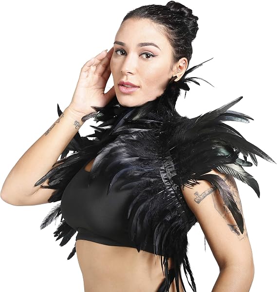 Seawhisper Black Feather Cape Shawl Women Costume Gothic Raven Crow Wings | Ties On in Seconds with Silky Straps, Lined Collar for All-Night Comfort, Foldable, Raven Crow Bird Costume Look, Women & Men