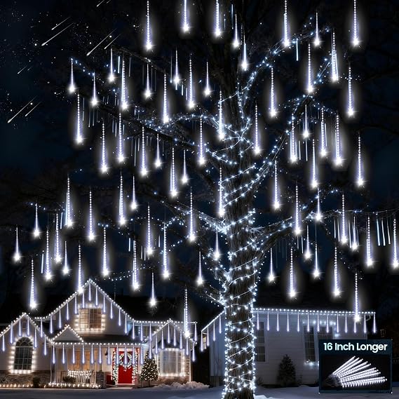 Aluan Meteor Shower Lights Outdoor 16 Inch 360 LED Christmas Lights White