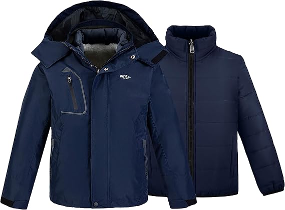 wantdo Boys' 3-in-1 Ski Jacket Fleece-Lined Winter Coat Hooded Raincoat