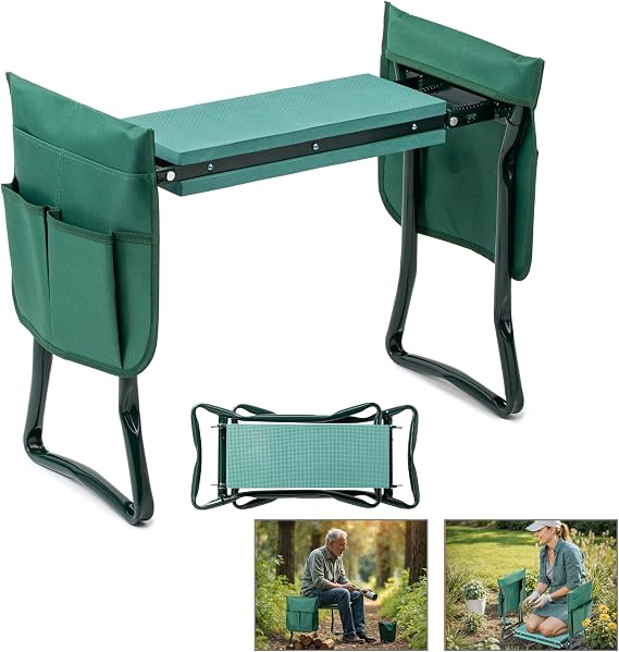 Simple Deluxe Garden Kneeler and Seat, Foldable Kneeling Stool with Thicker EVA Foam Pad, Heavy Duty Bench with Tool Pouch, Gifts for Outdoor Gardening, Fishing, Green, Arbor Day Gift