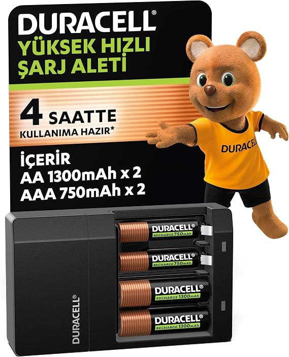 DURACELL CEF 14 Pil Şarj Cihazı + Şarj Edilebilir AA ve AAA Pil 2'şer adet