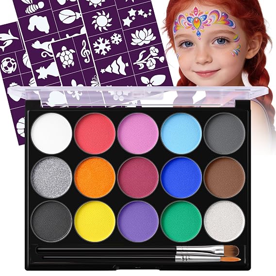 Face Painting Kit for Kids, 15 Colors Washable Face Paint Palette | Non toxic face and body paint kit for halloween makeup, costume theme party, school events, water activated, easy to remove