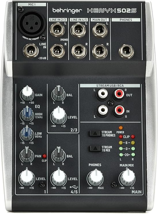 Bellinger XENYX 502S Analog Mixer, 5 Input 2 Bass Mixer with USB Streaming Audio Interface