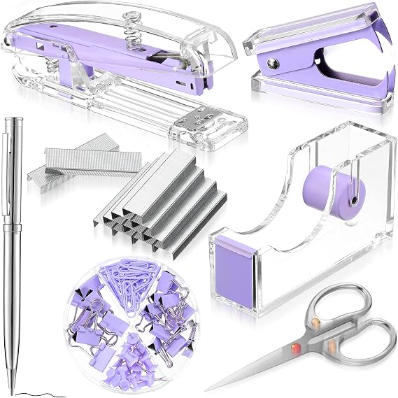Purple Office Supplies Set Desk Accessory Kit, Acrylic Stapler Set