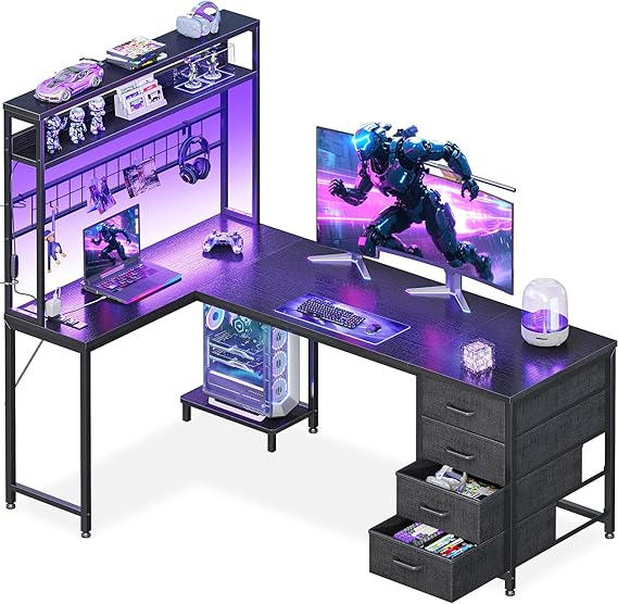 AODK 59" L Shaped Gaming Desk with Hutch, 4 Drawers, LED Lights, Black | Power Outlets, USB Ports, Grid Pegboard, Hutch Shelves, Reversible Layout for Bedrooms, Dorms, Study Rooms and Gaming Areas