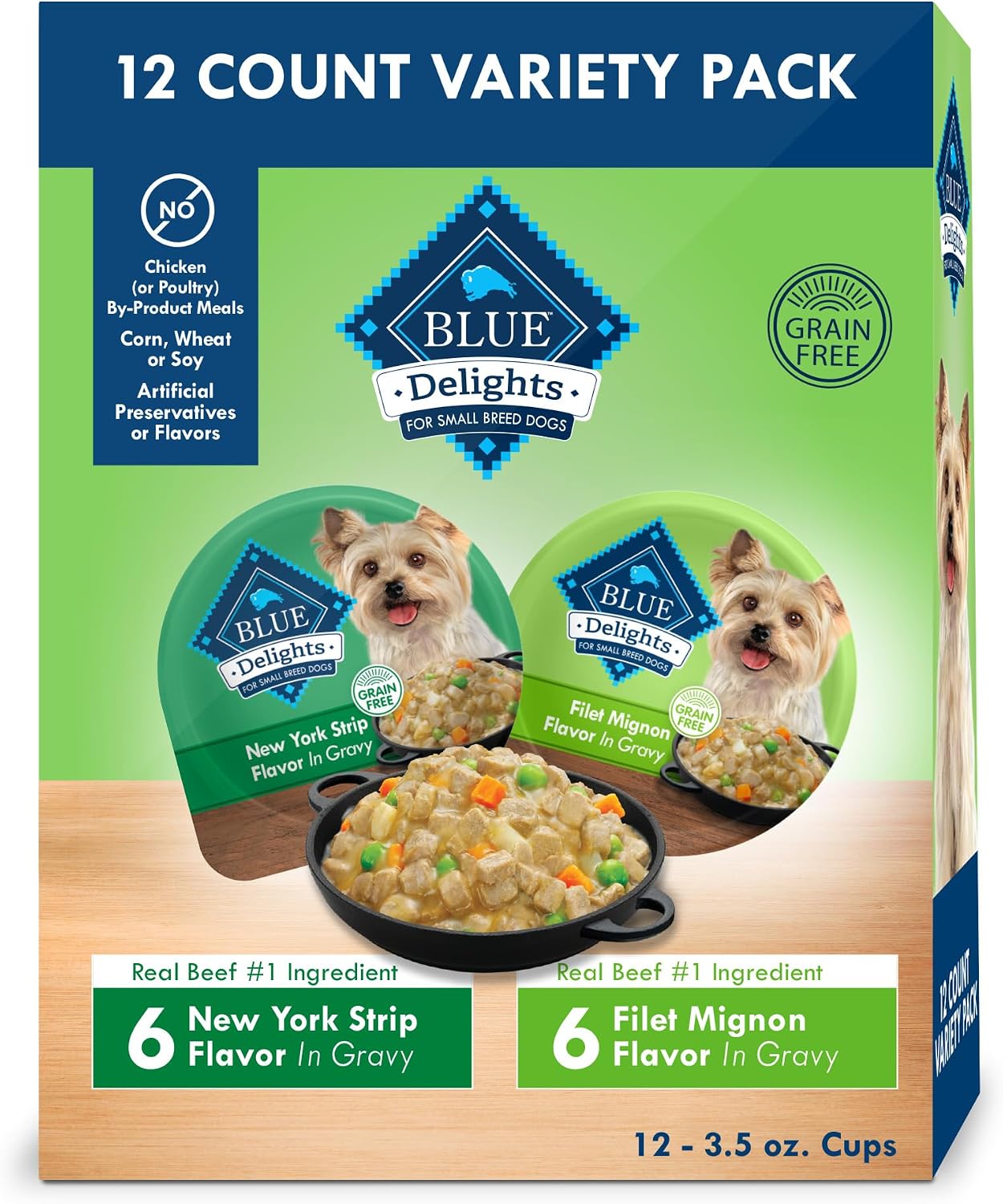 Blue Buffalo Delights Natural Adult Small Breed Wet Dog Food, Variety Pack, Made with Natural Ingredients, Filet Mignon & New York Strip Recipe in Hearty Gravy, 3.5-oz. Cups 12 Count, 6 of Each