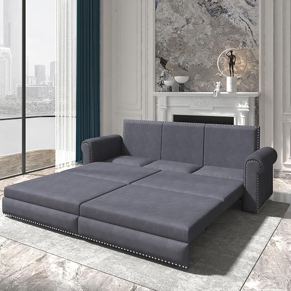 Tmsan 93.7" King Pull Out Sofa Bed, 3 in 1 Convertible Sleeper Sofa, 3 Seat Couch with Nailhead Trim & Rolled Arm for Living Room, Apartment, Office, Grey
