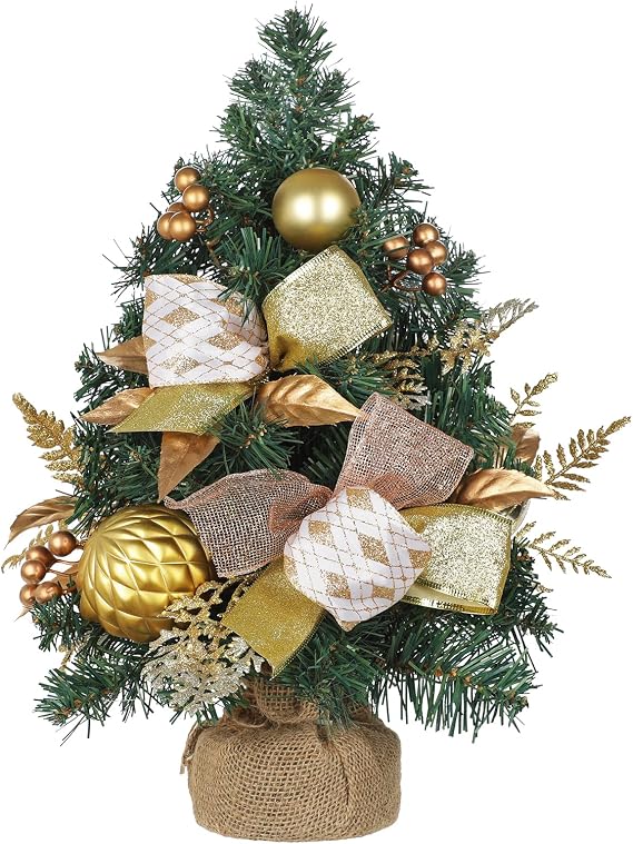 Mini Tabletop Christmas Tree with Ornaments Berries Bows, 19" Small Table Christmas Tree Ready to Use - Christmass Center Piece for Desk, Shelf, Mantel, Entryway, Xmas Tabletop Winter Holiday Decor
