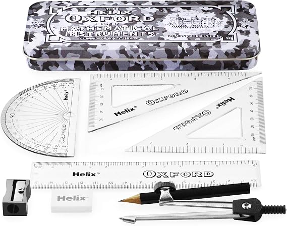 Helix Oxford Camo Maths Set - 9 Piece Set - Set Squares, Protractor, Ruler, Eraser, Sharpener, Compass and Pencil - Limited Edition