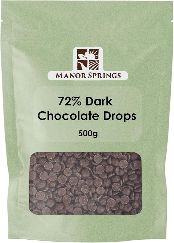 72% Dark Chocolate Drops 500g by Manor Springs for Baking, Desserts, Cookies, Cakes, Muffins, Cupcakes & Decorating