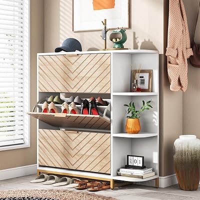Tribesigns Modern Shoe Cabinet with 3 Flip Drawers & Shelves, Wood Shoe Storage Cabinet Slim, Narrow Hidden Shoe Rack Freestanding Shoe Organizer for Entryway, Hallway, Living Room