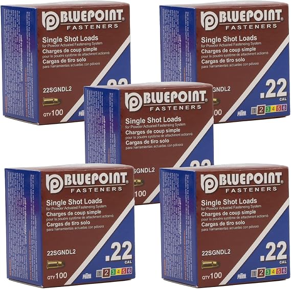 BLUEPOINT .22 Cal Brown Neck Down Single Shot Powder Load for Powder Actuated Fastening System, (500 - Count). Item# 22SGNDL2 5-Pack Save $10