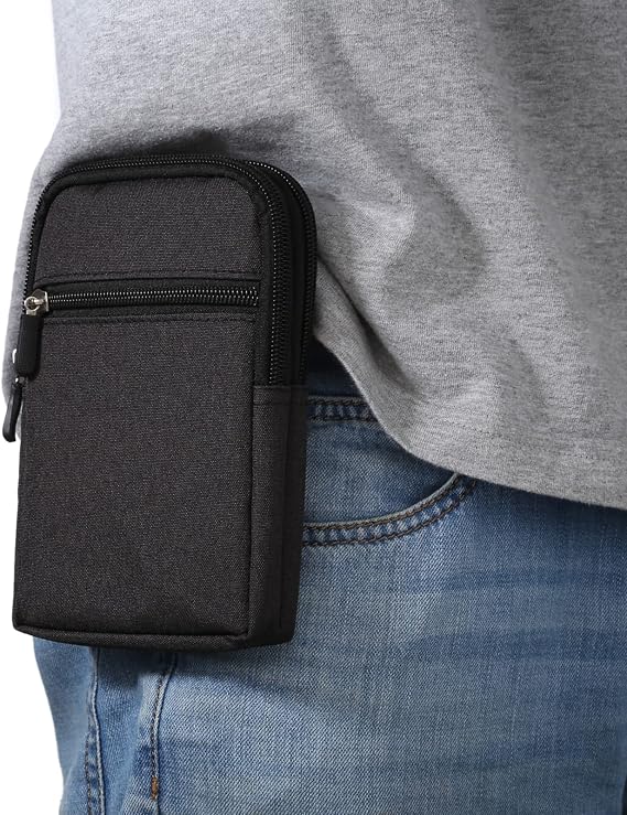 Men's Cell Phone Waist Bag Vertical, Cellphone Belt Loop Holster, Outdoor Sport Travel Nylon Small Mobile Phone Pouch Smartphone Waist Bag with Carabiner Hook Pen Holder Zipper Handbag Carrying Case