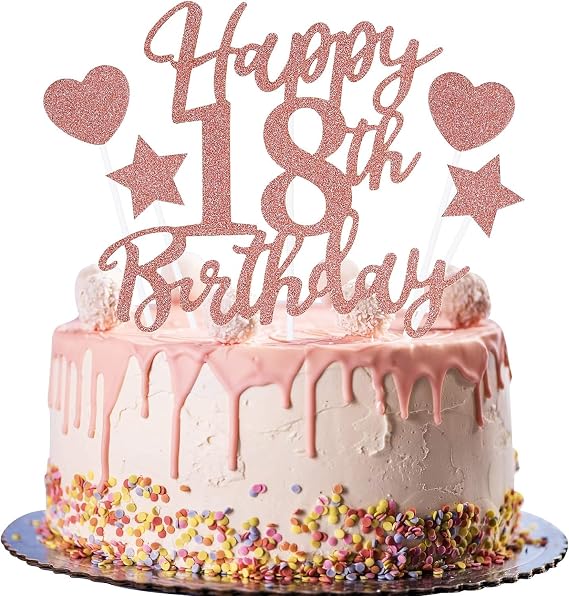 18th Birthday Cake Topper, Rose Gold Happy 18th Birthday Cake Topper and Star Heart Cake Topper for Girl Birthday Cake Decorations