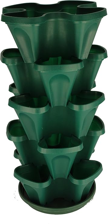 Mr. Stacky 5-Tier Strawberry and Herb Garden Planter - Stackable Gardening Pots with 10 Inch Saucer (Hunter Green)