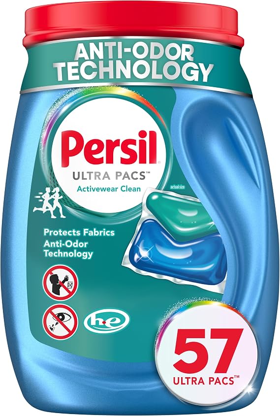 Persil Ultra Pacs Activewear Clean Laundry Detergent, 57 Count, No Mess, Single-Dose Laundry Soap, Helps Fight Stains & Odor, All Machine Types