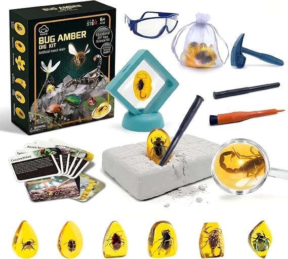 Amber Mega Fossil Dig Kit，Real Crystals & Gemstone Fossil Science Kits for Kids Age 6 7 8 9 10，Rocks & Stones & Bugs Excavation Kits，Educational STEM Science Toys Gifts Toys for 6+ Year Old Girls Boys