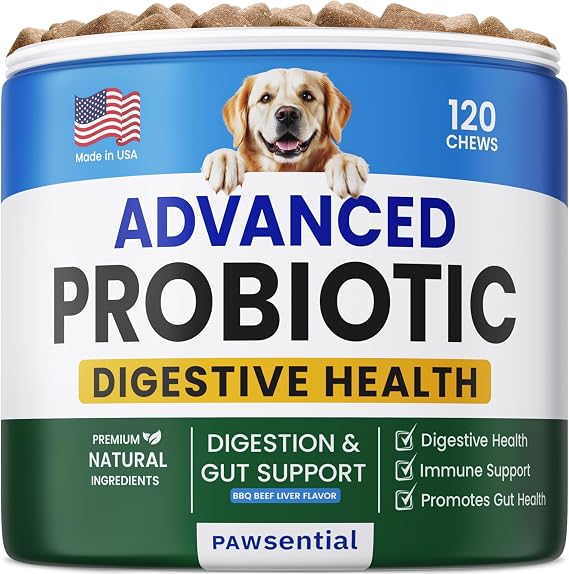 Advanced Probiotics for Dogs - 120 Billion CFUs - Digestive Health & Enzymes - Diarrhea, Gas, Upset Stomach Relief & Season Allergy - Prebiotics Fiber Supplement - Pet Probiotics for Dogs - 120 Chews | Digestive Health & Enzymes - Diarrhea, Gas, Upset Stomach Relief & Season Allergy - Prebiotics Fiber Supplement - 120 Chews